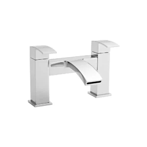 Kartell Flair chrome curved spout square bath filler tap with curved waterfall-style spout, bath filler mixer tap, two lever handles and gloss chrome finish.