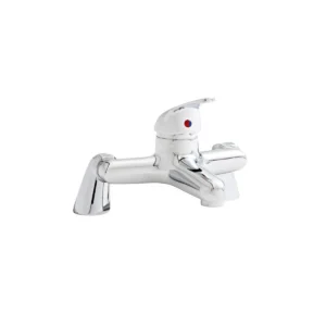 Detail view of Kartell G4K budget chrome red blue bath filler tap with single lever handles, chrome finish, brass construction and pillar mounted installation.