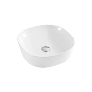 Top view of Kartell Island 400mm curved white counter top ceramic basin with countertop basin, countertop installation, white finish and vitreous china construction.