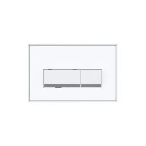 Kartell Keytec white glass chrome buttons flushplate with white glass finish, rectangular shape, width 253mm and height 166mm.