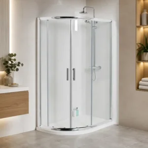 Kartell Koncept 1200 x 800mm offset quadrant shower enclosure with double sliding doors, chunky chrome handles, polished chrome frame and clear 6mm toughened safety glass.