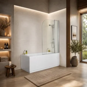 Kartell Koncept 1400 x 1000mm radius edge extended bath screen with hinged screen, rounded top screen design, chrome frame and clear 6mm toughened safety glass.