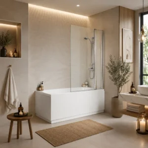 Kartell Koncept 1400 x 1000mm square edge extended bath screen with hinged screen, chrome frame and clear 6mm toughened safety glass.