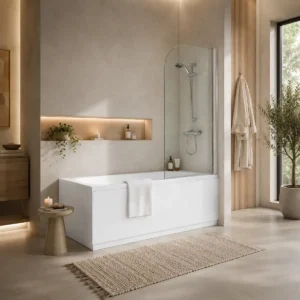 Kartell Koncept 1400 x 780mm radius hinged bath screen with radius edge screen design, bath mounted and wall fixed installation, polished chrome frame and clear 6mm toughened safety glass.