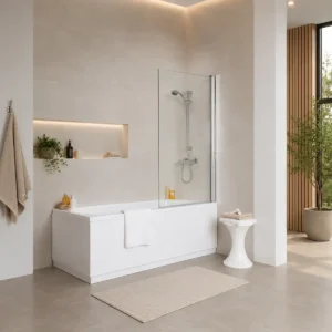 Kartell Koncept 1400 x 780mm square hinged bath screen with square edge screen design, bath mounted and wall fixed installation, polished chrome frame and clear 6mm toughened safety glass.