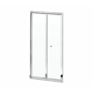 Kartell KV6 900mm chrome reversible bi-fold shower door with inward-folding bi-fold doors, polished chrome frame, clear 4mm toughened safety glass and clear finish.