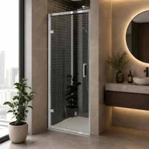Kartell KV8 800mm chrome reversible hinged shower door with hinged doors, 8mm glass and chrome finish.