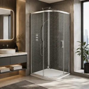 Kartell KV8 900mm chrome single door quadrant shower enclosure with single door, 8mm glass and chrome finish.