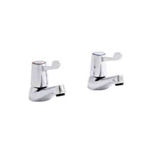 Kartell Leva chrome 1/2" red blue forward handle basin tap pair with basin pillar taps, two forward-facing lever handles, chrome finish and brass construction.
