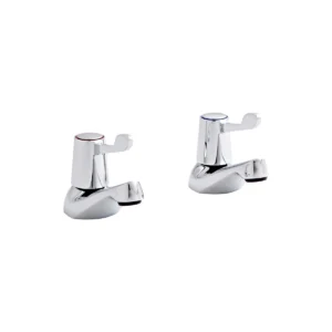 Kartell Leva chrome 3/4" red blue forward handles bath taps pair with two lever handles, chrome finish, brass construction and deck mounted installation.