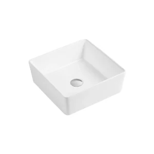 Top view of Kartell lois 390mm square counter top basin with soft edges with countertop basin, white finish, vitreous china construction and square with softened edges shape.