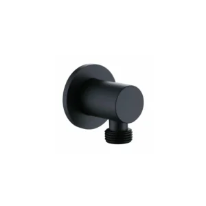 Detail view of Kartell Nero round matt black shower outlet elbow with matt black finish, brass construction and wall mounted outlet elbow installation.