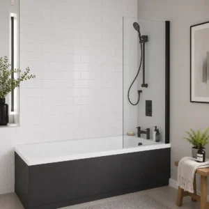 Kartell Nero square edge matt black hinged 1400mm bath screen with matt black frame, clear 6mm toughened safety glass and easy installation.