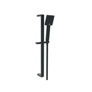 Kartell Nero square matt black slide rail kit & handset with slide rail, adjustable handset holder, square handset and shower hose, shower slide rail kit, matt finish and brass construction.