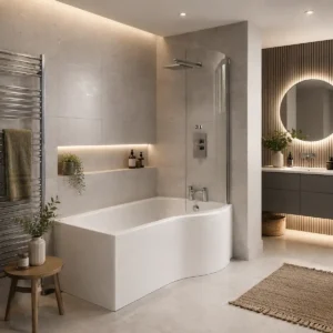 Kartell Oblique 1700 x 850mm right-hand p-shaped shower bath with brilliant white finish, acrylic construction, bath height 420mm and standard width 700mm.