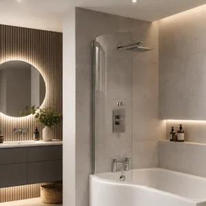 Kartell Oblique p shaped shower bath screen 6mm glass with 6mm toughened glass, gloss finish, width 720mm and height 1435mm.