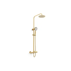 Kartell Ottone brushed brass exposed bar round shower & handset with slide rail kit, fixed shower head, shower arm, handset and shower valve, exposed thermostatic bar shower, brushed brass finish and brass construction.