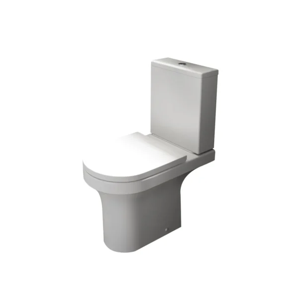 Kartell Ozone close coupled rimless open back toilet pan with white finish, ceramic construction, curved shape and floor mounted installation.