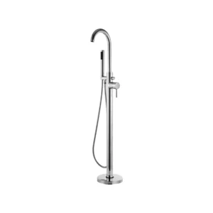 Kartell Plan chrome freestanding swan neck bath shower mixer tap with single lever handles, chrome finish, brass construction and floor mounted installation.