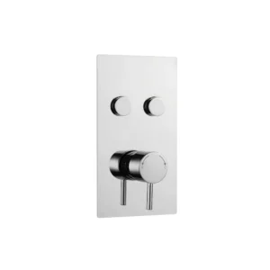 Top view of Kartell Plan twin push button concealed 2 outlet shower valve with gloss chrome finish, brass construction, two outlets and round lever temperature control.