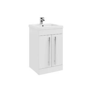 Kartell Purity 500mm white 2 door floor vanity unit with brushed aluminium handles, white finish, MDF construction and floor mounted installation.