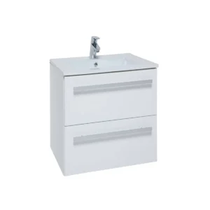 Kartell Purity white wall-hung 600mm 2 drawer vanity unit with brushed aluminium handles, white finish, MDF construction and rectangular shape.