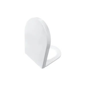 Side view of Kartell quick-release wrapover white gloss d toilet seat with gloss finish, polypropylene construction and d shaped shape.