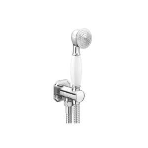 Kartell traditional white handle chrome shower handset set with handset, 1.5m hose and wall bracket, chrome finish, brass construction and wall mounted installation.