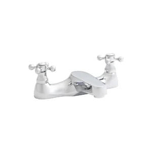 Kartell Viktory chrome low spout crosshead bath filler tap with two crosshead handles, chrome finish, brass construction and deck mounted installation.