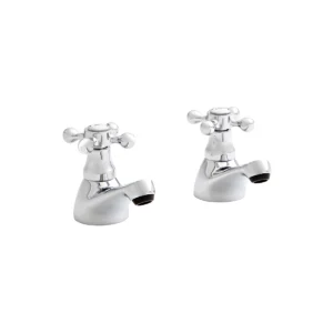 Kartell Viktory chrome traditional crosshead bath pillar taps pair with two crosshead handles, polished chrome finish, brass construction and round shape.