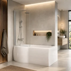 Scudo 1400 x 800mm chrome p shape shower bath screen with 6mm clear glass, chrome finish, aluminium construction and curved shape.