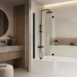 Scudo 1400 x 830mm black l-shape shower bath screen with l-shaped shower-bath screen, 6mm clear glass, black finish and aluminium construction.