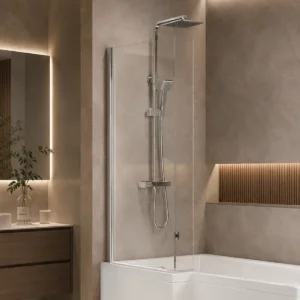 Scudo 1400 x 830mm chrome l-shape shower bath screen with l-shaped shower-bath screen, chrome frame, 6mm safety glass and aluminium construction.