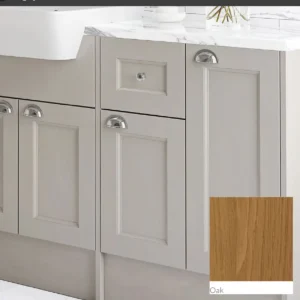 Detail view of Scudo 300mm oak 1 door 1 drawer unit carcass with bathroom base-unit carcass, oak finish and floorstanding installation.
