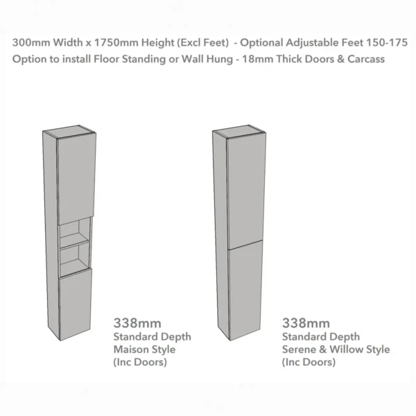 Dimension drawing for Scudo 300mm x 1750mm matt dark grey bathroom tower unit carcass showing width 300mm, height 1750mm excluding feet and depth 338mm including compatible doors.