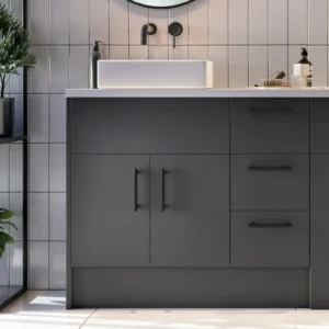 Scudo 600mm matt dark grey slim basin unit carcass with fitted bathroom furniture, double doors, matt dark grey carcass finish and 218mm finish.
