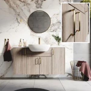 Scudo 600mm oak slim-depth basin unit carcass with fitted bathroom furniture, oak carcass finish, 218mm finish and slim depth.