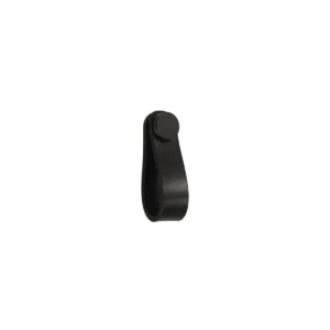 Detail view of Scudo 75mm matt black leather pull handle with furniture pull handle, matt black finish, leather construction and furniture mounted installation.