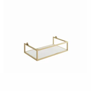 Scudo Ambience 800mm brushed brass frame with white shelf with brushed brass frame, vanity support frame with shelf, wall mounted installation and beneath a wall-hung vanity unit installation.