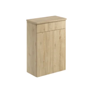 Top/front view of Scudo Aubrey 500mm Davos oak floorstanding WC unit with davos oak finish, MFC construction and cabinet body height 814mm.
