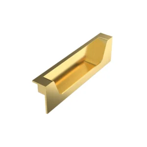 Detail view of Scudo Aubrey brushed brass furniture handle pair with brushed brass finish, steel / 304 stainless steel construction, furniture mounted installation and angular / rectangular shape.