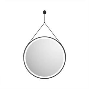 Scudo Belini 600mm matt black round LED hanging mirror with illuminated bathroom mirror, steel and glass construction, matt black frame and wall mounted installation.
