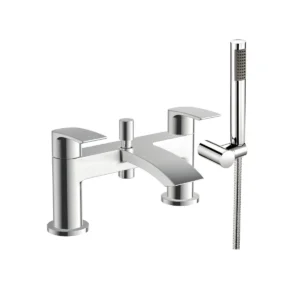 Scudo Belini chrome curved spout bath shower mixer set with bath shower mixer tap, two lever handles, chrome finish and brass construction.