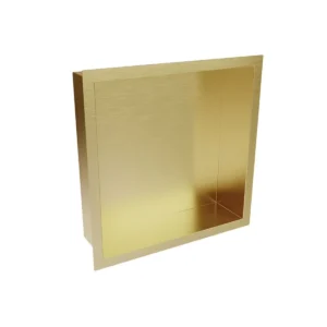 Scudo brushed brass 300mm square inset shower storage niche with brushed brass finish, 1mm construction and recessed wall insert installation.