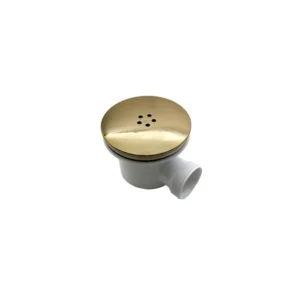 Detail view of Scudo brushed brass fast-flow shower waste with shower tray mounted installation, brushed brass finish and ABS construction.