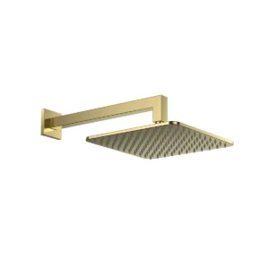 Scudo brushed brass fixed square shower head & wall arm set with fixed shower head and wall arm set, brushed brass finish, stainless steel construction and wall mounted installation.