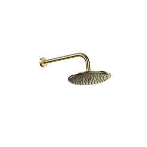 Scudo brushed brass round shower head & wall arm set with shower head and wall arm, shower head and wall arm set, brushed brass finish and stainless steel construction.