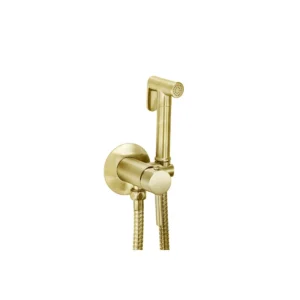 Scudo brushed brass shattaf spray kit with manual mixer with single handles, brushed brass finish, brass and stainless steel construction and wall mounted installation.