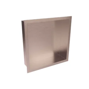 Scudo brushed bronze 300mm square inset shower storage niche with brushed bronze finish, 1mm construction and recessed wall insert installation.