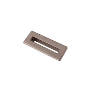 Detail view of Scudo brushed bronze rectangle basin overflow insert with brushed bronze finish, stainless steel construction, faceplate width 55mm and faceplate height 20mm.